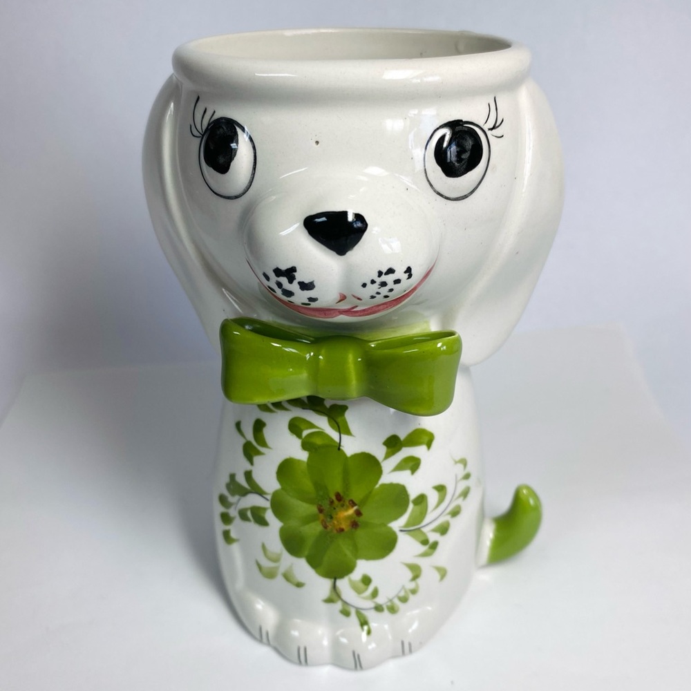 Puppy Dog Figurine Vase Planter Ceramic White Green Vintage Portugal P3571 6"